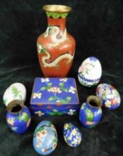 Tray Lot of Vintage Cloisonne - 5 Eggs - 3 Vases and 1 Trinket Box