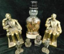 Abe Lincoln Bookends - Small Metal Busts - Glass Bank with Pennies - Plus 2 Other
