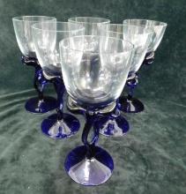 Set of 6 Modern Art Glass Cobalt and Clear Wine Glasses - Each 8" x 3.25"