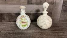 2) HAND PAINTED MILK GLASS DECANTERS