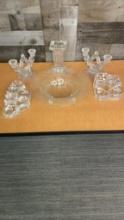 ETCHED GLASS, CANDLE HOLDERS, & VASE
