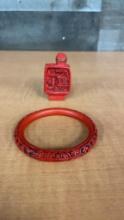 CHINESE CINNABAR SNUFF BOTTLE & BANGLE BRACELET