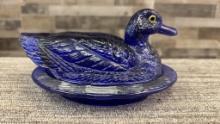 WESTMORELAND COBALT BLUE NESTING DUCK DISH