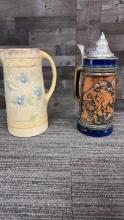 GERMAN BEER STEIN & HANPAINTED EMBOSSED PITCHER