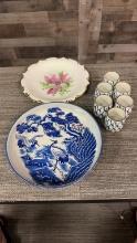JAPANESE BLUE WHITE POTTERY PLATTER, CUPS & MORE