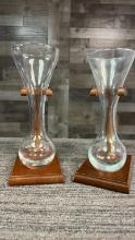 2) QUARTER YARD ALE GLASSES WITH WOOD STANDS