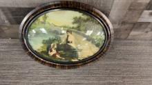 ANTIQUE OVAL TIGER STRIPE WOOD BUBBLE GLASS FRAME