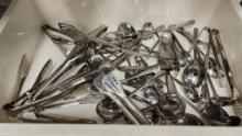 Tote of Heavy-Duty Chafing Catering Utensils, Tongs, Spoons, Various Types