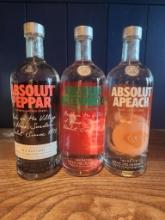 3 Bottles - Absolut Pepper, Watermelon & Peach Vodka 1L