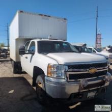 2012 CHEVROLET SILVERADO 3500, 6.6L DURAMAX, 4X4, DUALLY, CREW CAB, 9FT CAB OVER BOX WITH HEATER