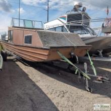 BOAT, 24FT ALUMINUM HULL, APPROX 12FT FORWARD CABIN, 140 HP JOHNSON OUTBOARD, PROP LOWER UNIT WITH S