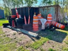 QTY OF CONSTRUCTION SAFETY BARRELS SUPPORT EQUIPMENT with weights & barricades.