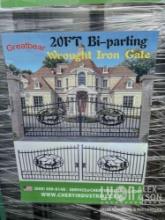 NEW GREATBEAR 20FT. BI-PARTING WROUGHT IRON GATE NEW SUPPORT EQUIPMENT With artwork "Deer in