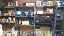Lot of Metal Shelving Units with Contents: Plastic Coffee Cup, Various Radios, Caulk, Drain Care,