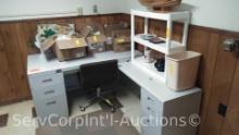 Lot of Desk with Contents on Top of Various Vases, Glasses, Candy Dishes, Plastic Shelf, Mirror,