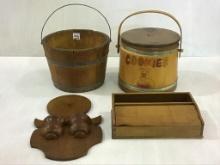 Lot of 4 Wood Pieces Including Cookie Bucket