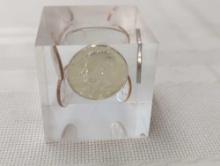 PAPERWEIGHT WITH US COINS INSIDE INCLUDING 1967 KENNEDY HALF 2"x2"x2"