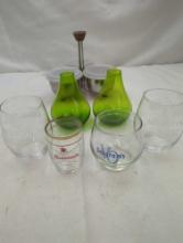 3 DISH CONDIMENTS STAND, ASSORTED DRINK GLASSES, AND 2 GREEN BUD VASES.