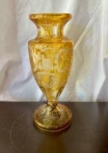 Bohemian Amber Glass Etched Vase