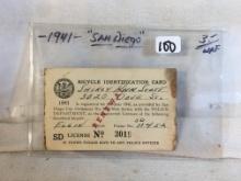 Collector Vintage 1941 San Diego Bicyle Identification Card No.3019 - See Picture