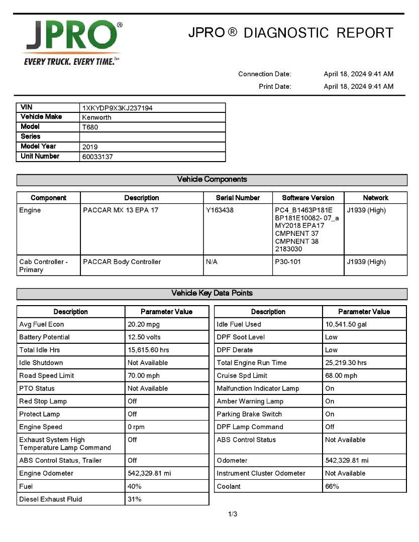 2019 KENWORTH T680 Serial Number: 1XKYDP9X3KJ237194