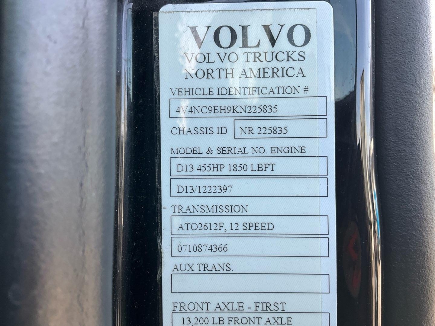 2019 VOLVO VNL64T780 Serial Number: 4V4NC9EH9KN225835