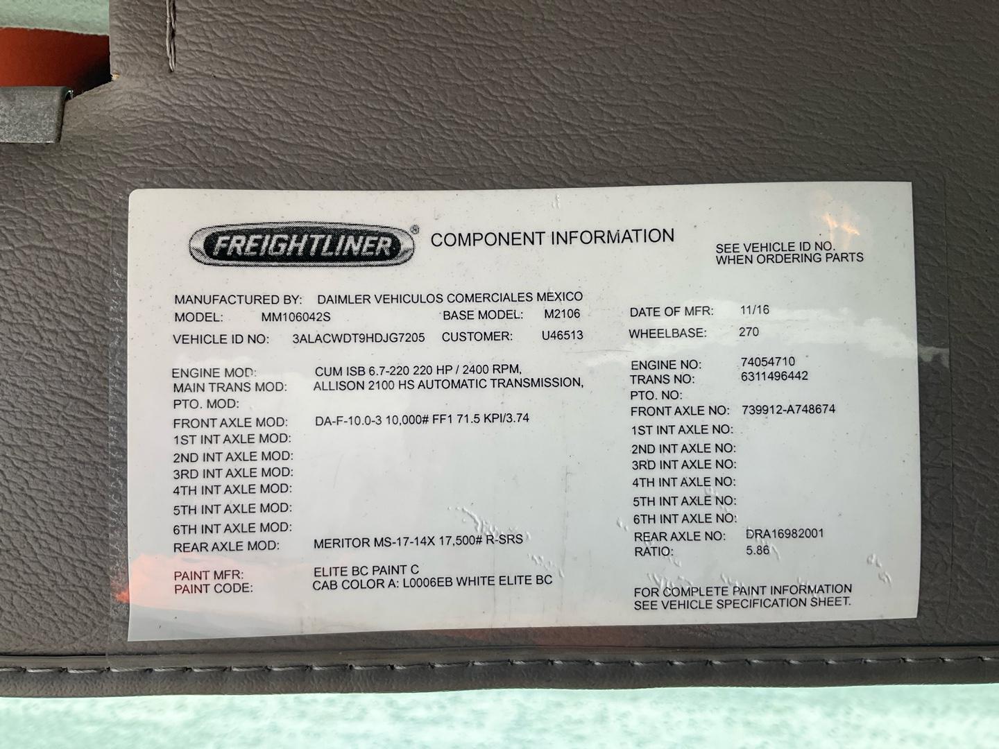 2017 FREIGHTLINER M2-106 Serial Number: 3ALACWDT9HDJG7205