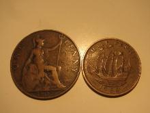 Foreign Coins: Great Britain 1907 Penny & 1958 1/2 Penny