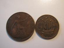 Foreign Coins: Great Britain 1920 Penny & 1956 1/2 Penny