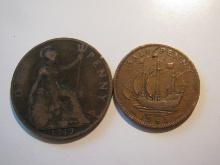 Foreign Coins: Great Britain 1919 Penny & 1943 (WWII) 1/2 Penny