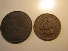 Foreign Coins: Great Britain 1926 Penny & 1954 1/2 Penny