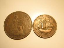Foreign Coins: Great Britain 1928 Penny & 1941 (WWII) 1/2 Penny