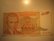 Foreign Currency: 1993 Yugoslavia 5,000 Dinara