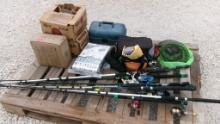 LOT OF ASSORTED FISHING POLES & BOXES OF CLAY PIGEONS,  AS IS WHERE IS