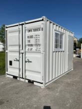 12FT OFFICE / STORAGE CONTAINER, FORK POCKETS WITH SIDE DOOR ENTRANCE & SIDE WINDOW , APPROX 99'' T
