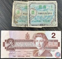 (2) One Yen Bills and (1) Canada 2 Dollar Bill