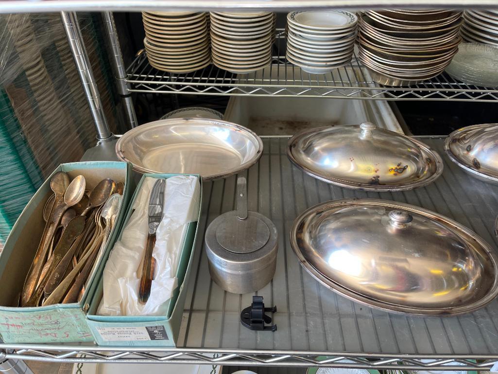 Shelf Lot of Serving Dishes and Flatware from King Cole Restaurant