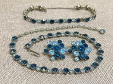 Two Tone Blue Stone Choker Necklace, Bracelet and Clip On Earring Set