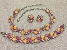 Vintage Multi Pink Stone Choker Necklace, Bracelet and Screw Back Earring Set