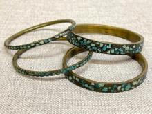 Set of Four Turquoise Colored Stone Inlay Bangle Bracelets