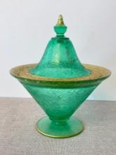 Green and Gold Colored Glass Lidded Candy Dish