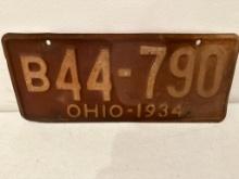 1934 Ohio License Plate, Condition as Pictured