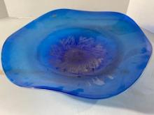 Large Blue Glass Blenko Bowl with Etched Wright Brothers First Flight