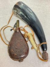 Vintage Powder Horn and Leather Pouch