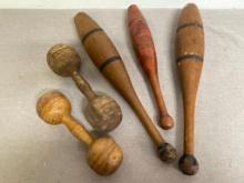 Vintage Wooden Barbells and Juggling Pins