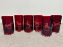 Set of 6 Ruby Red Etched Horse Drinking Glasses