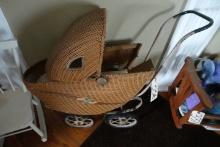 EARLY WICKER DOLL STROLLER AND SMALL ROCKING CHAIR SOME DAMAGE