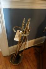 SET OF THREE BRASS FIREPLACE TOOLS IN STAND
