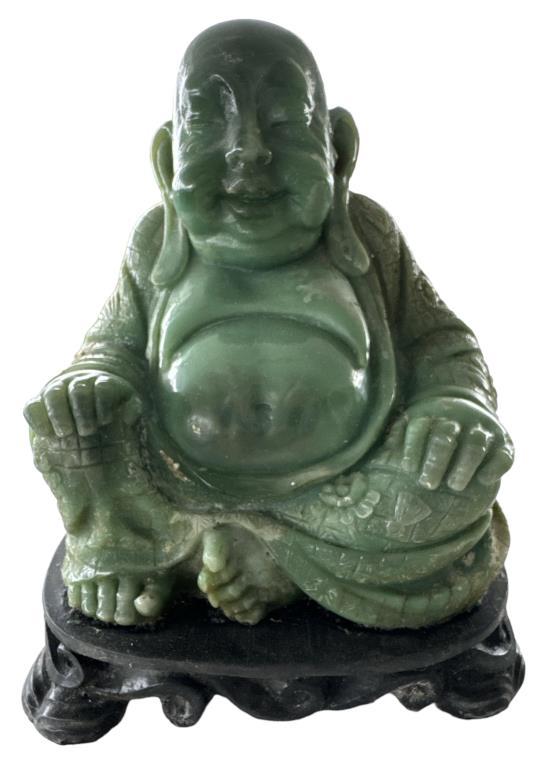 (2) Buddha Figurines: Enesco Faux Jade and Brass