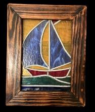 Stained Glass Sail Boat in Wooden Frame